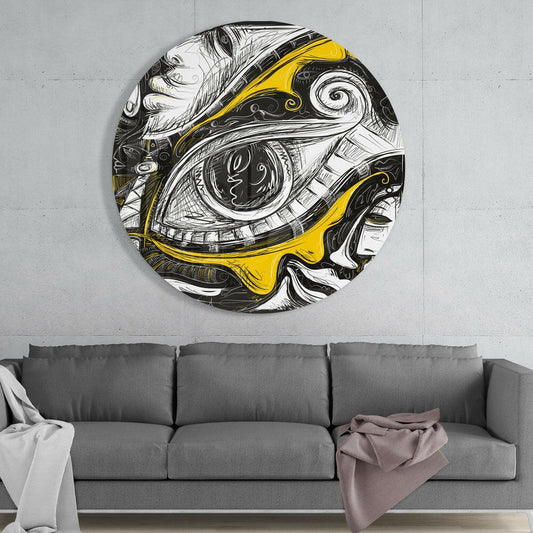 Round Yellow And Black Sketch Eye Glass Wall Art