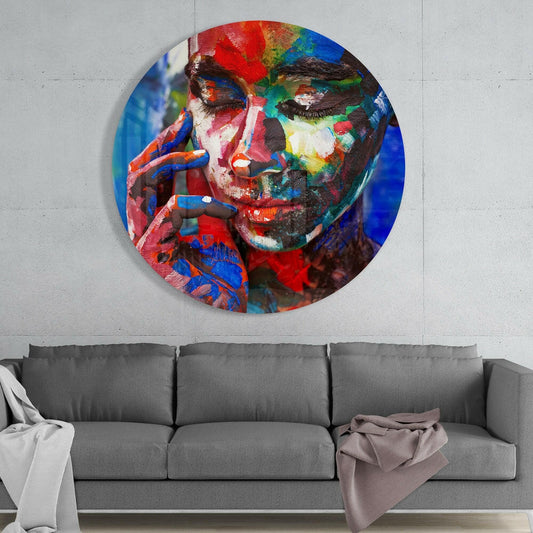 Round Painted Face Red Blue Strokes Glass Wall Art