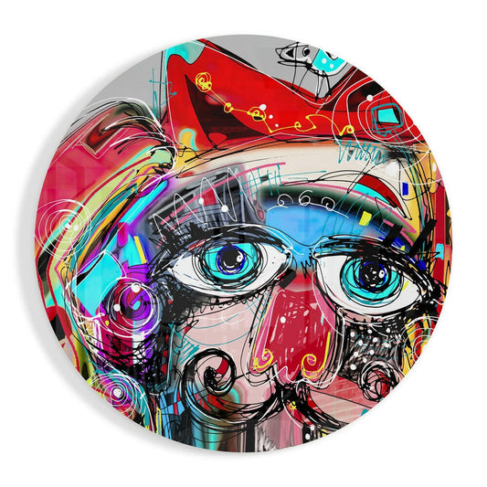 Round Graffiti Face Big Blue Eyes Glass Wall Art