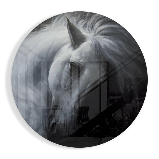 Bowed White Horse Circle Glass Wall Art