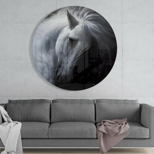 Bowed White Horse Circle Glass Wall Art