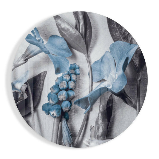 Round Steel Blue Flower Study Glass Wall Art