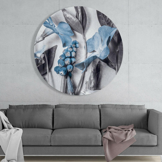 Round Steel Blue Flower Study Glass Wall Art