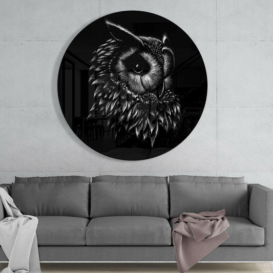 Black White Owl Sketch Glass Wall Art