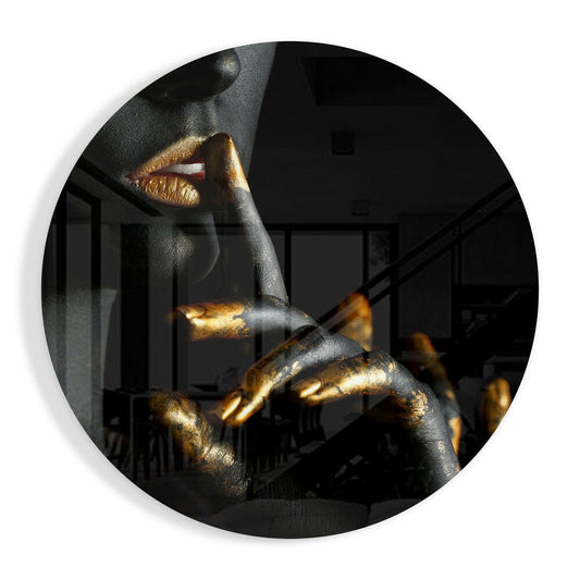 Round Gold Lips and Fingers Hush Glass Wall Art