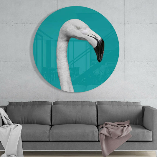 White Flamingo Teal Circle Glass Wall Art