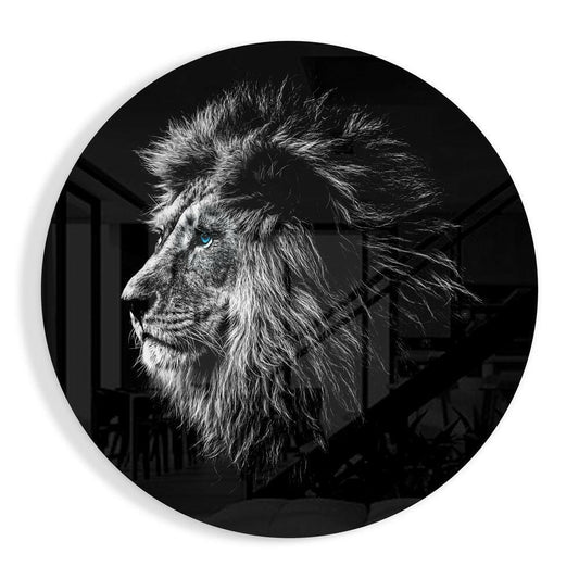 Blue Eyed Lion Round Portrait Glass Wall Art