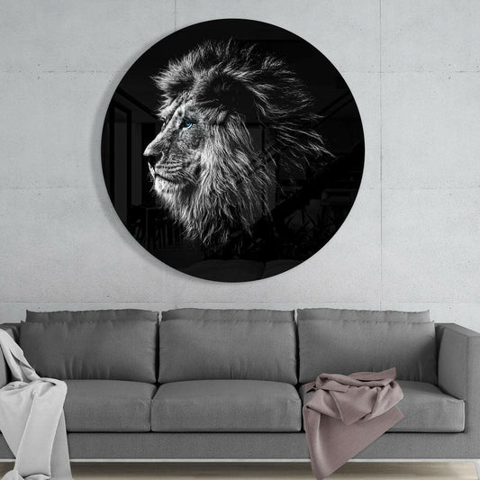 Blue Eyed Lion Round Portrait Glass Wall Art