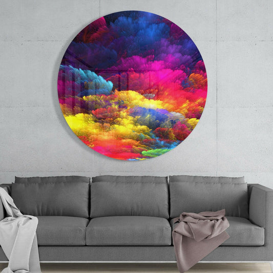 Rainbow Feather Cloud Round Glass Wall Art