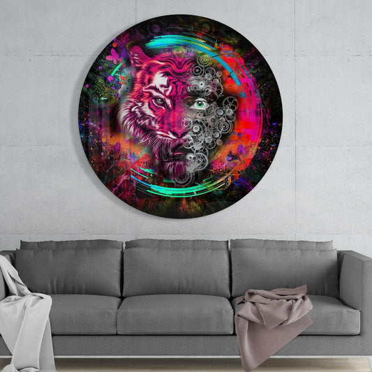 Round Magenta Tiger Clockwork Gears Glass Wall Art