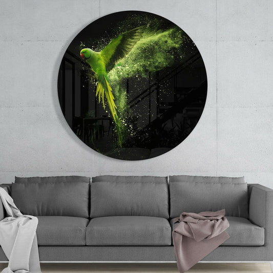 Round Flying Parakeet Green Dust Glass Wall Art