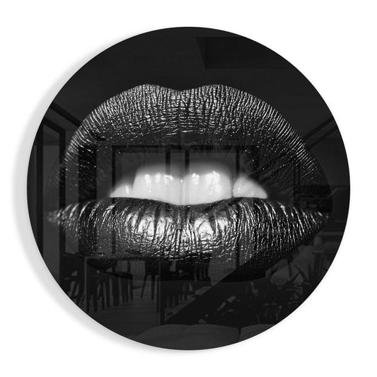 Black and White Glossy Lips Close Up Glass Wall Art