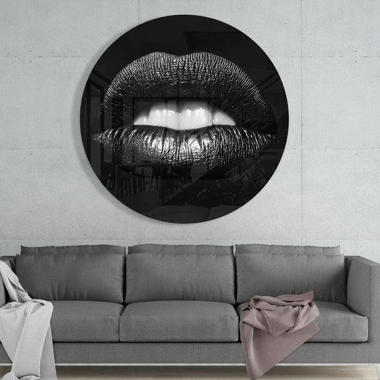Black and White Glossy Lips Close Up Glass Wall Art