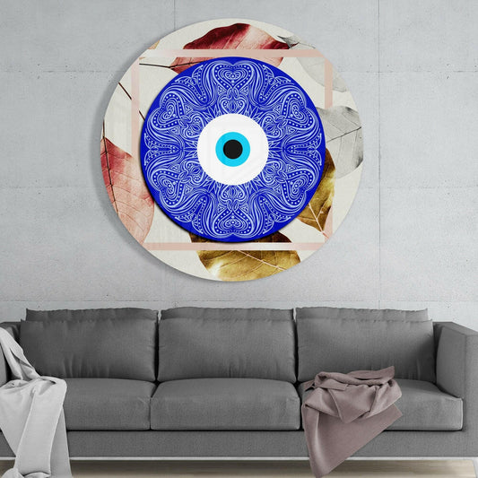 Ornate Blue Eye Disc on Autumn Leaves Glass Wall Art