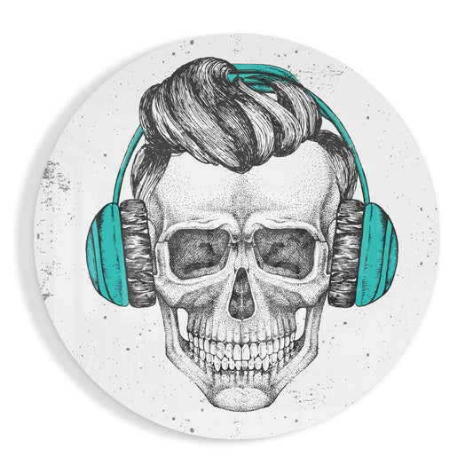 Teal Headphones Hipster Skull Glass Wall Art