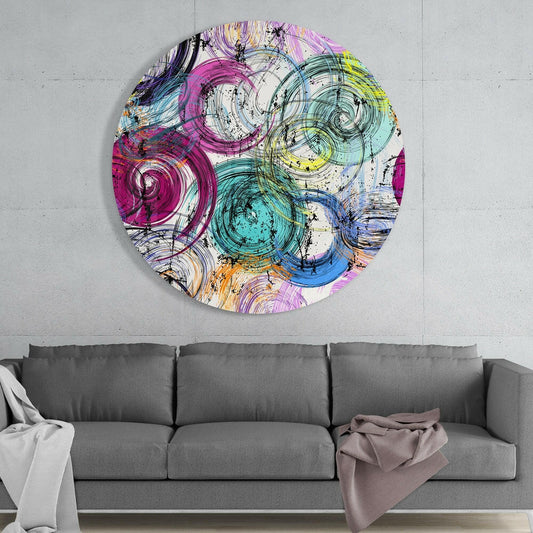 Pink and Teal Swirling Ink Circles Glass Wall Art