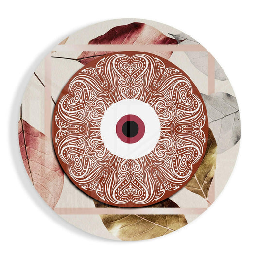 Terracotta Ornate Eye Disc on Leaves Glass Wall Art