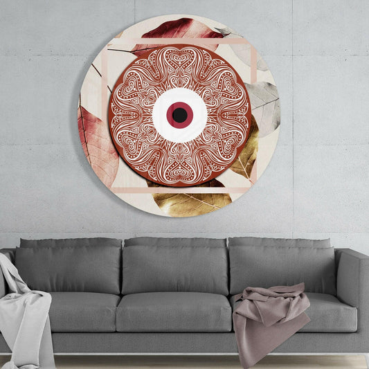 Terracotta Ornate Eye Disc on Leaves Glass Wall Art