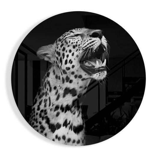 Yawning Leopard Round Glass Wall Art