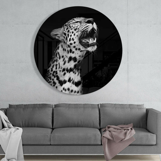 Yawning Leopard Round Glass Wall Art