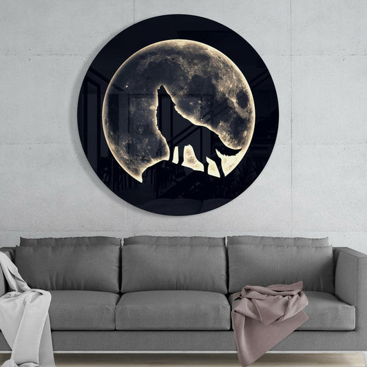 Howling Wolf Moon Circle Glass Wall Art