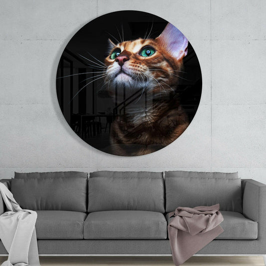 Green Eyed Bengal Cat Round Glass Wall Art