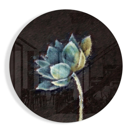 Painted Teal Lotus Glass Wall Art