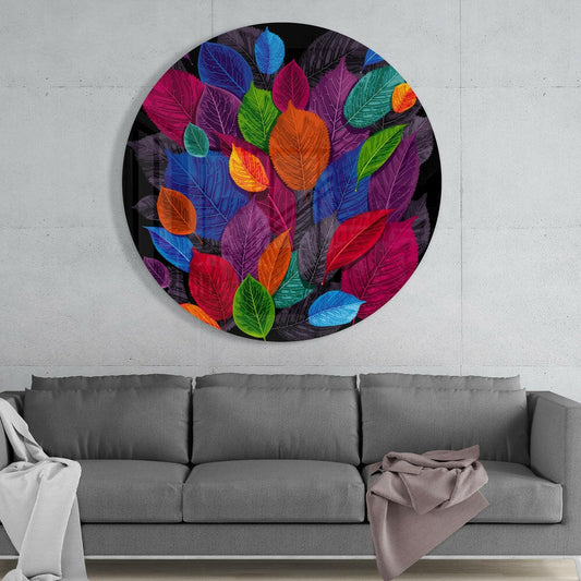 Round Jewel Tone Leaf Cluster Glass Wall Art