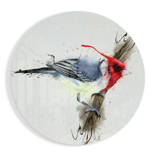 Red Crested Bird Watercolor Splatter Glass Wall Art