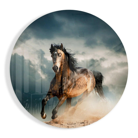 Galloping Bay Horse Circle Glass Wall Art