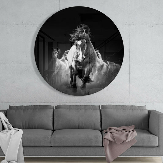 Round Black and White Charging Horse Glass Wall Art