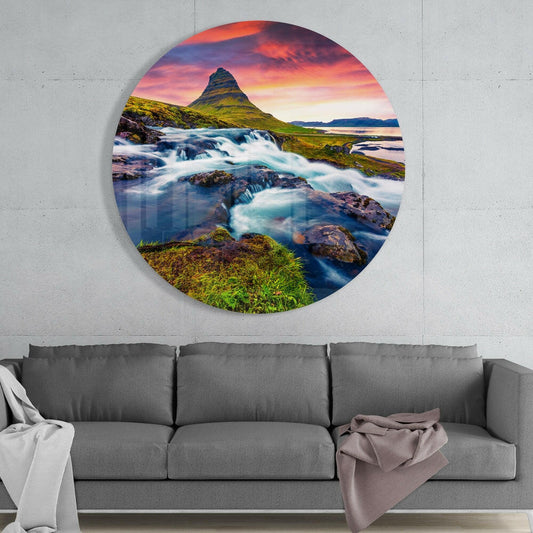 Cone Peak Waterfall Crimson Sky Glass Wall Art