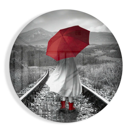 Round Red Umbrella Mountain Rails Glass Wall Art