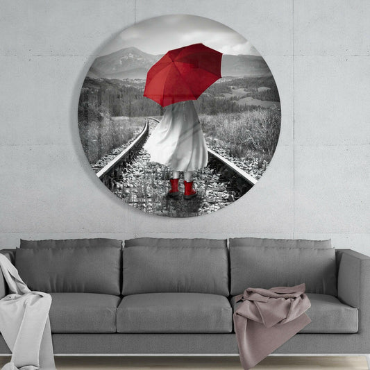 Round Red Umbrella Mountain Rails Glass Wall Art