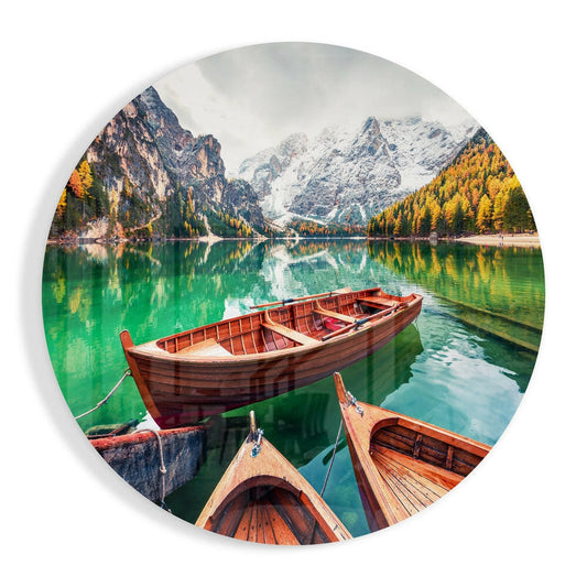 Wooden Boats Emerald Alpine Lake Glass Wall Art