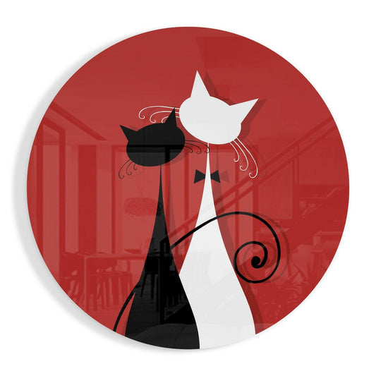 Round Red Black And White Cats Glass Wall Art