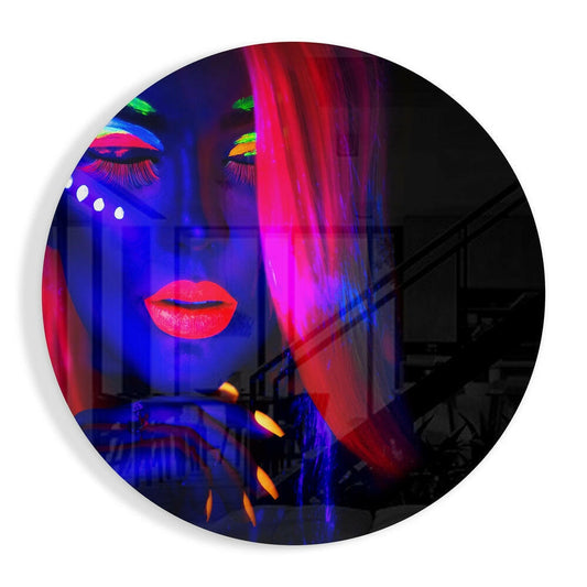 Round Red Hair Blue Face Glow Woman Glass Wall Art