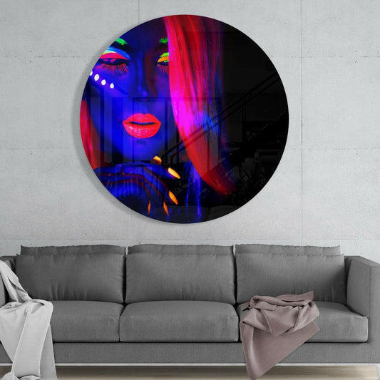 Round Red Hair Blue Face Glow Woman Glass Wall Art