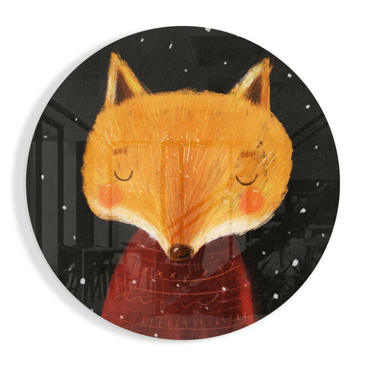 Sleepy Fox in Red Sweater Snowy Night Glass Wall Art