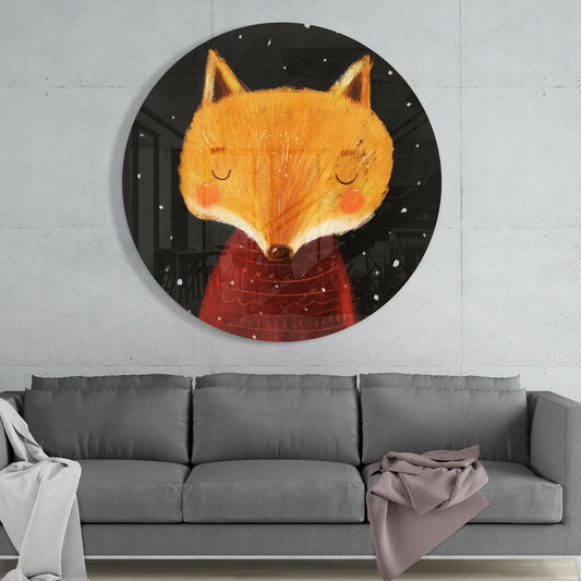 Sleepy Fox in Red Sweater Snowy Night Glass Wall Art