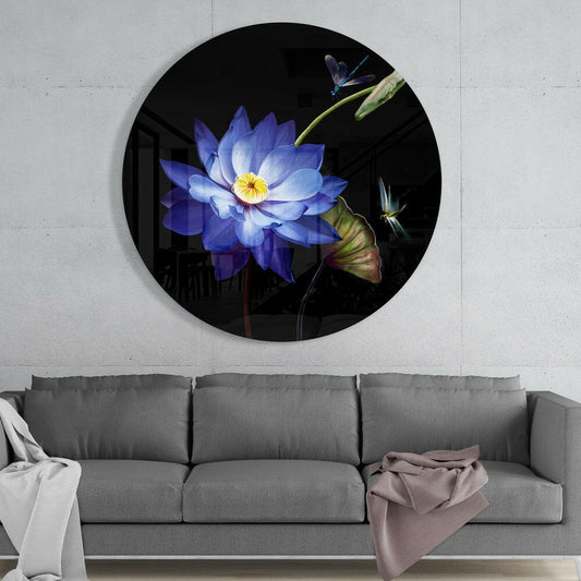 Blue Water Lily Dragonfly Glass Wall Art