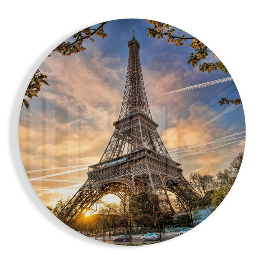 Round Eiffel Tower Sunset Glass Wall Art