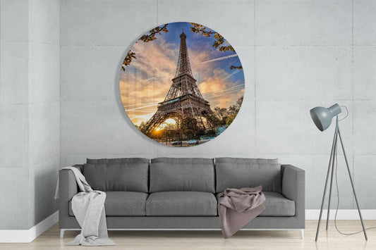 Round Eiffel Tower Sunset Glass Wall Art