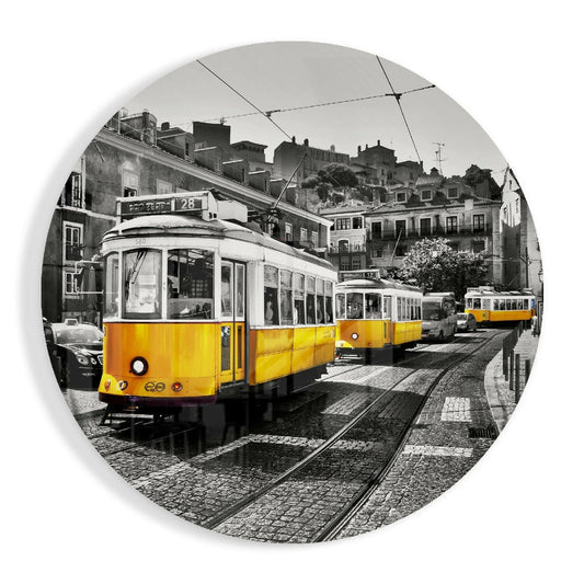 Yellow Trams Cobbled Street Glass Wall Art