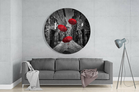 Floating Red Umbrellas Stone Street Glass Wall Art