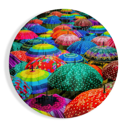 Round Polka Dot Rainbow Umbrellas Glass Wall Art