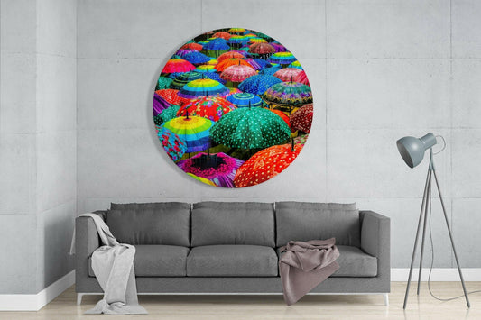 Round Polka Dot Rainbow Umbrellas Glass Wall Art