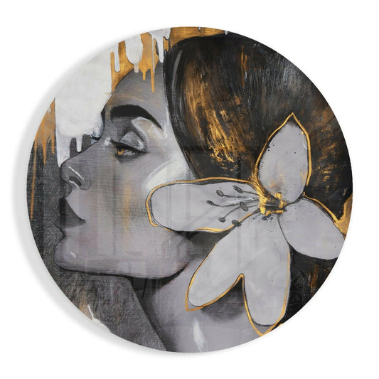 Gold Drip Profile With White Lily Woman Glass Wall Art