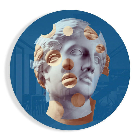 Blue Statue Head Peach Dots Glass Wall Art