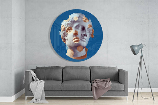 Blue Statue Head Peach Dots Glass Wall Art